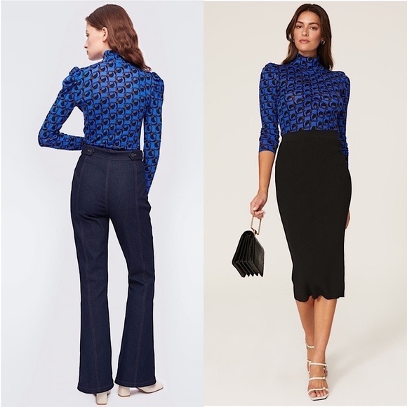 DVF Merino Wool Mod 60s Geo Print Puff Long Sleeve Ruched Turtleneck Sweater M - Picture 3 of 14